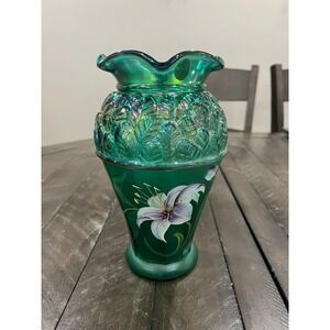 Vrg FENTON Designer Series Vase Emerald Green Iridescent Purple Lily Signed